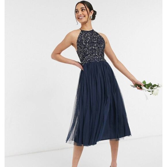Nwt sz 10 halter Maya Deluxe dark blue sequin top tulle skirt maxi sleeveless - Picture 1 of 5